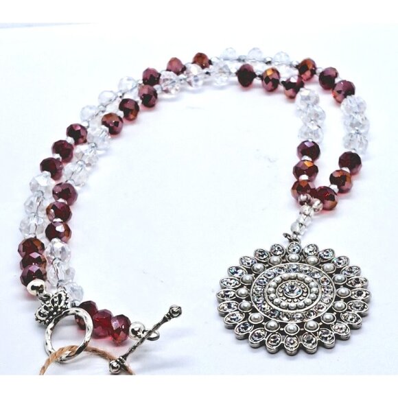 Handmade Holiday Crystal Necklace Christmas Recycled Red Clear Rhinestone - Picture 1 of 6
